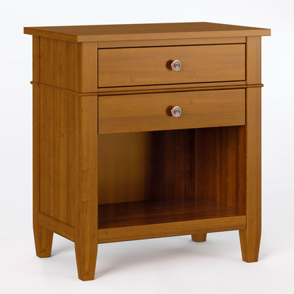 The Carlton - Bedside Table is a handcrafted wooden nightstand with two drawers, an open lower shelf, smooth finish, and a simple classic design featuring round drawer knobs.