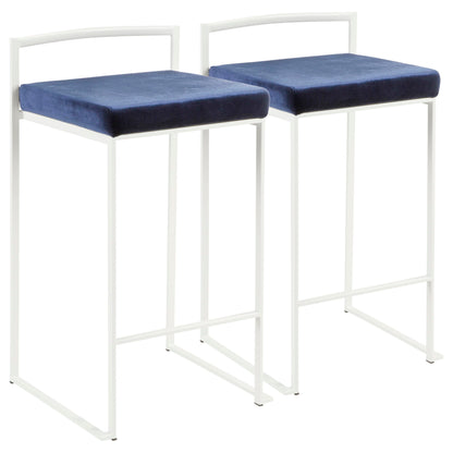 The Fuji - Simple Elegance, Contemporary Stackable Counter Stool features two modern bar stools with white metal frames, square navy blue cushioned seats, low backrests, and minimalist open-leg designs.