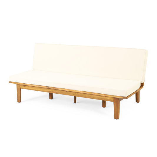The Outdoor Elegance Daybed features a beige convertible cushion and frame, showcasing a modern wooden design with minimalist straight legs, perfect for stylish outdoor comfort.