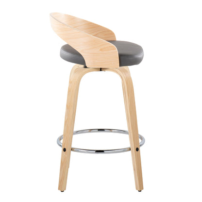 The Grotto Contemporary Fixed Height Counter Stool set features light wood legs, a curved wooden backrest, a round gray cushioned seat, and a chrome circular footrest. Set of 2 with swivel design – stylish and modern for any space.