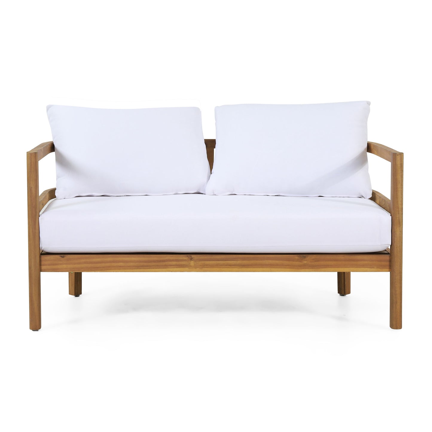 The Outdoor Furniture With Coffee Table is a patio conversation set featuring deep seating with soft white cushions and a wooden frame, shown against a plain white background.