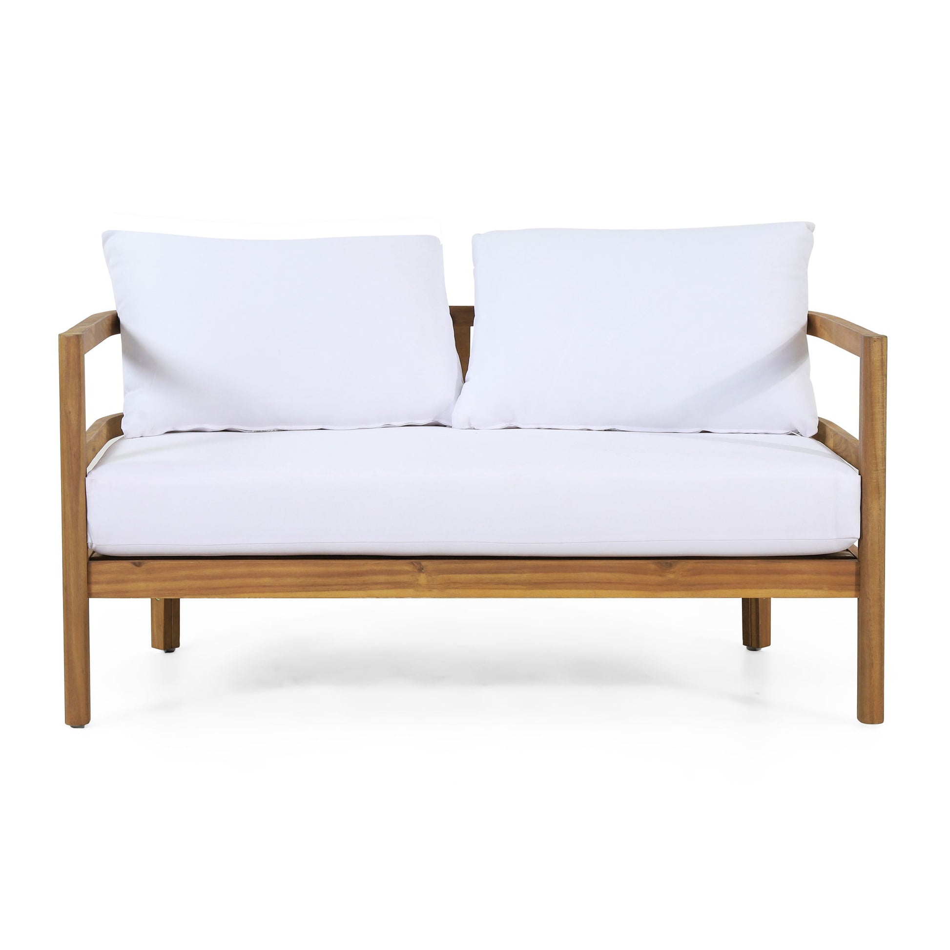 The Outdoor Furniture With Coffee Table is a patio conversation set featuring deep seating with soft white cushions and a wooden frame, shown against a plain white background.
