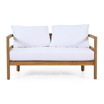 The Outdoor Furniture With Coffee Table is a patio conversation set featuring deep seating with soft white cushions and a wooden frame, shown against a plain white background.