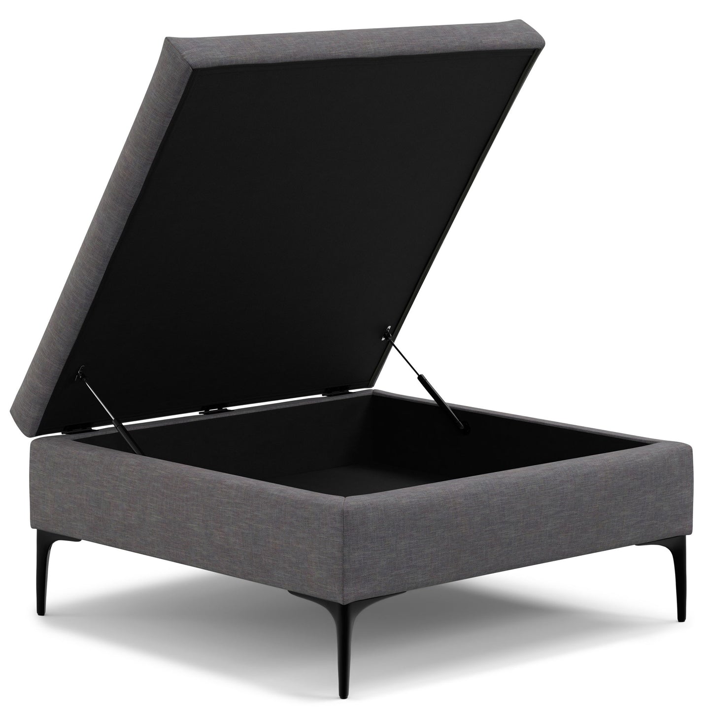 The Rebecca Multifunctional Coffee Table Storage Ottoman features a modern rectangular grey design, a lift-up lid for spacious storage, and stands on four slim black metal legs.