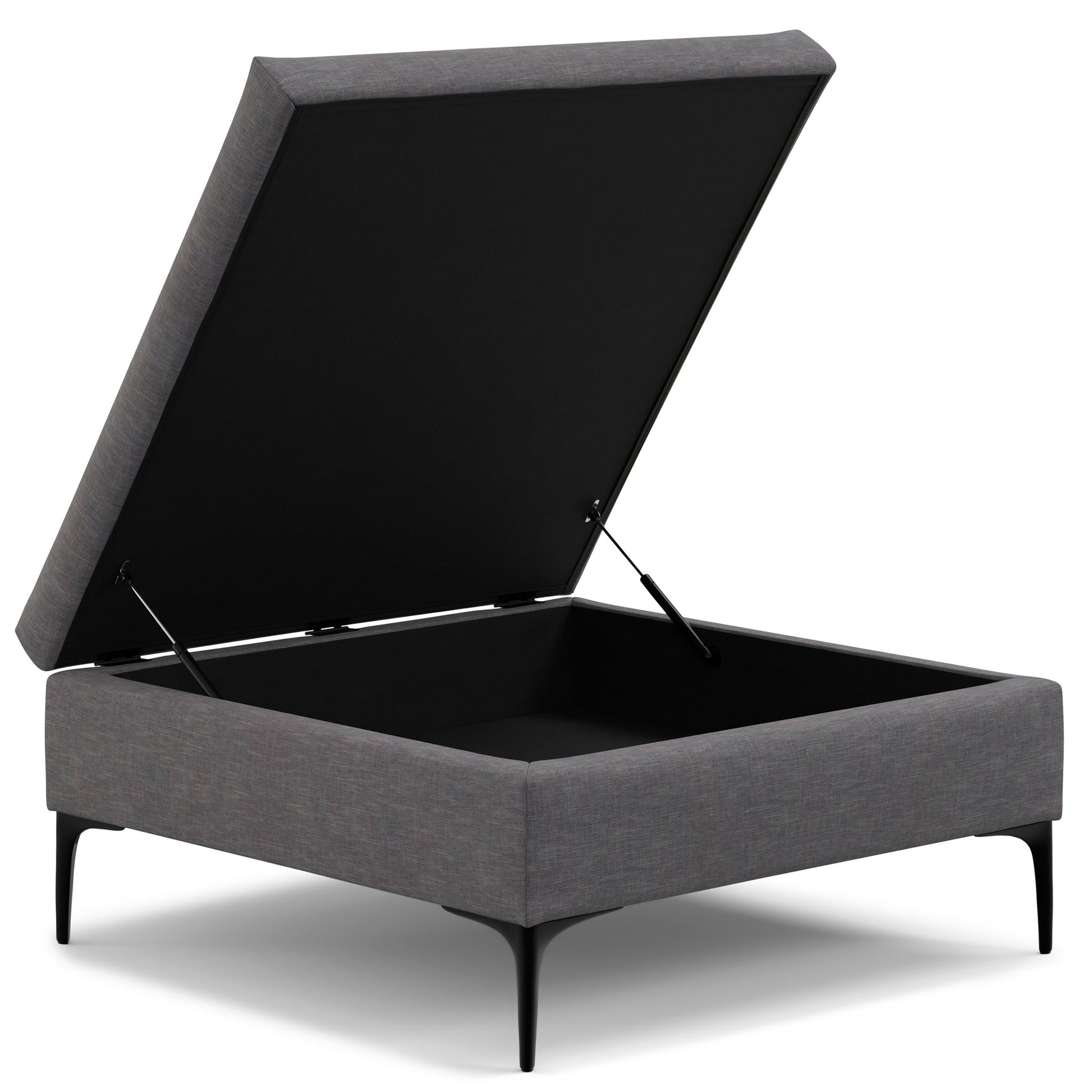 The Rebecca Multifunctional Coffee Table Storage Ottoman features a modern rectangular grey design, a lift-up lid for spacious storage, and stands on four slim black metal legs.