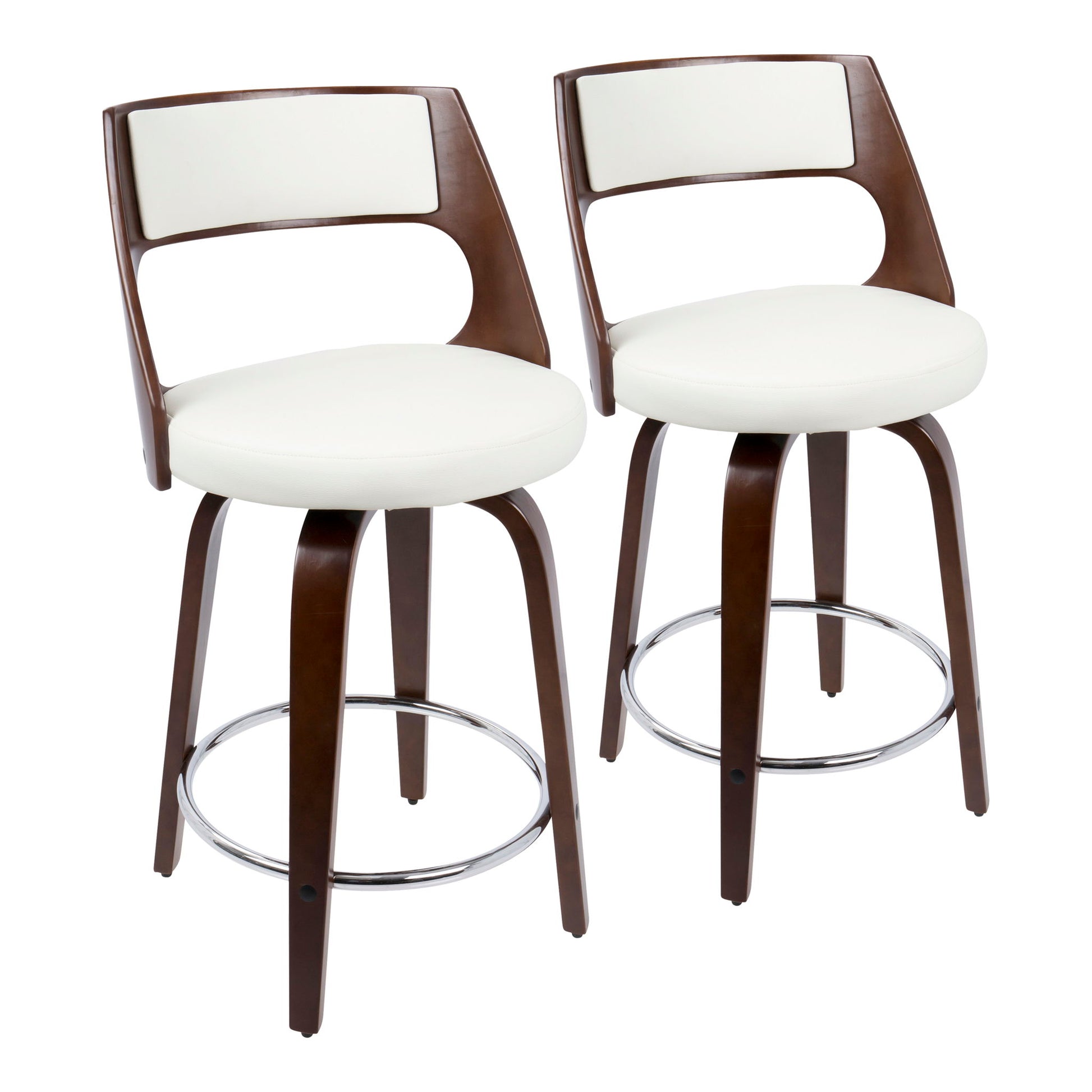 Set of 2 Cecina Mid-Century Modern counter stools with dark wood frames, curved backrests, white cushioned seats and back panels, fixed height, swivel function, and round chrome footrests.