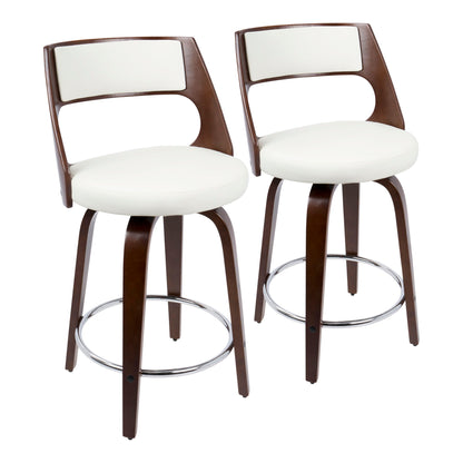 Set of 2 Cecina Mid-Century Modern counter stools with dark wood frames, curved backrests, white cushioned seats and back panels, fixed height, swivel function, and round chrome footrests.