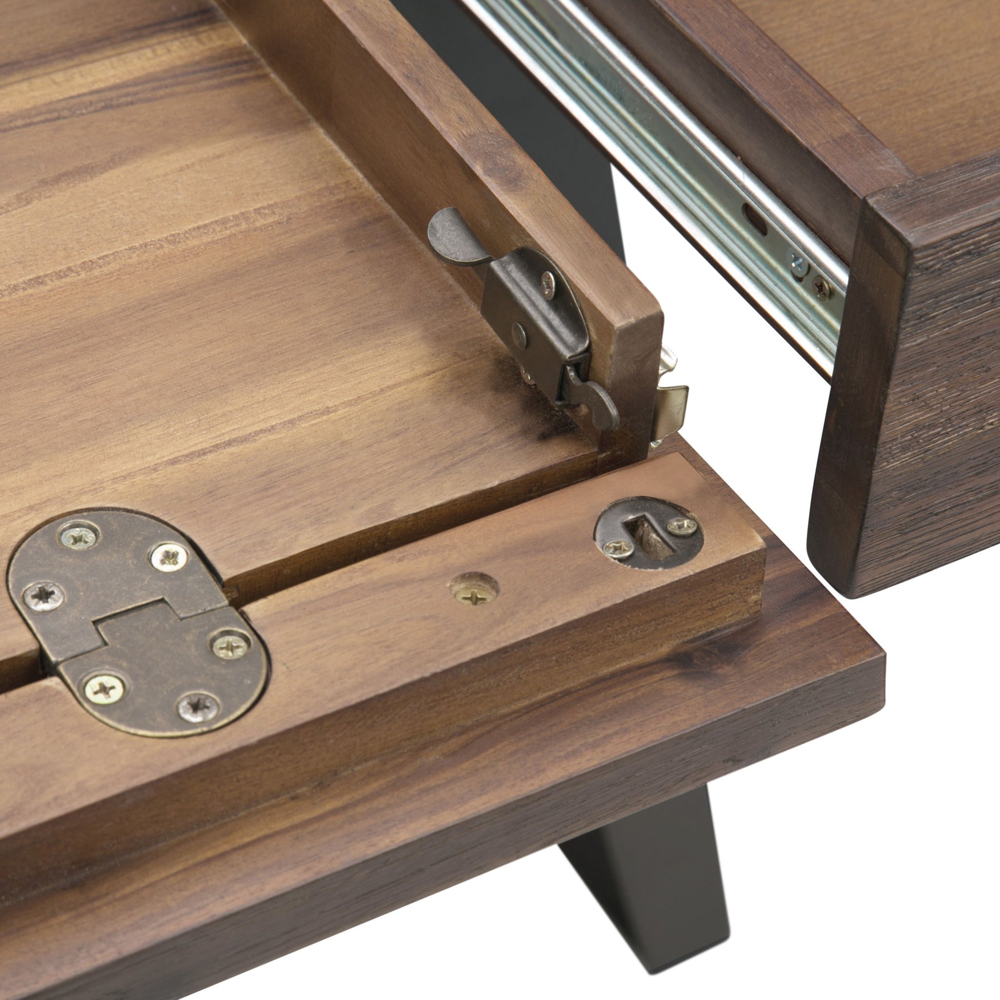 Close-up of the Lowry - Handcrafted Desk’s extension mechanism, featuring metal hinges and sliding tracks for expansion. The warm brown wood finish contrasts with securely screwed-in metal parts.