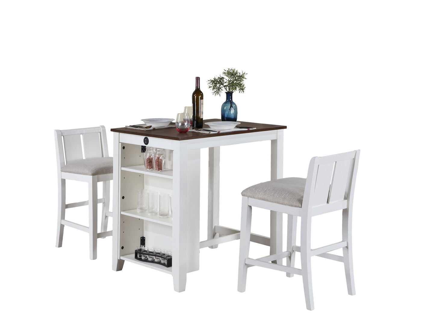 The Graham 3 Piece Small Space Counter Height Dining Table Set includes a white table with built-in shelves and two cushioned white chairs, shown styled with wine bottles, glasses, plates, and a blue vase with greenery.