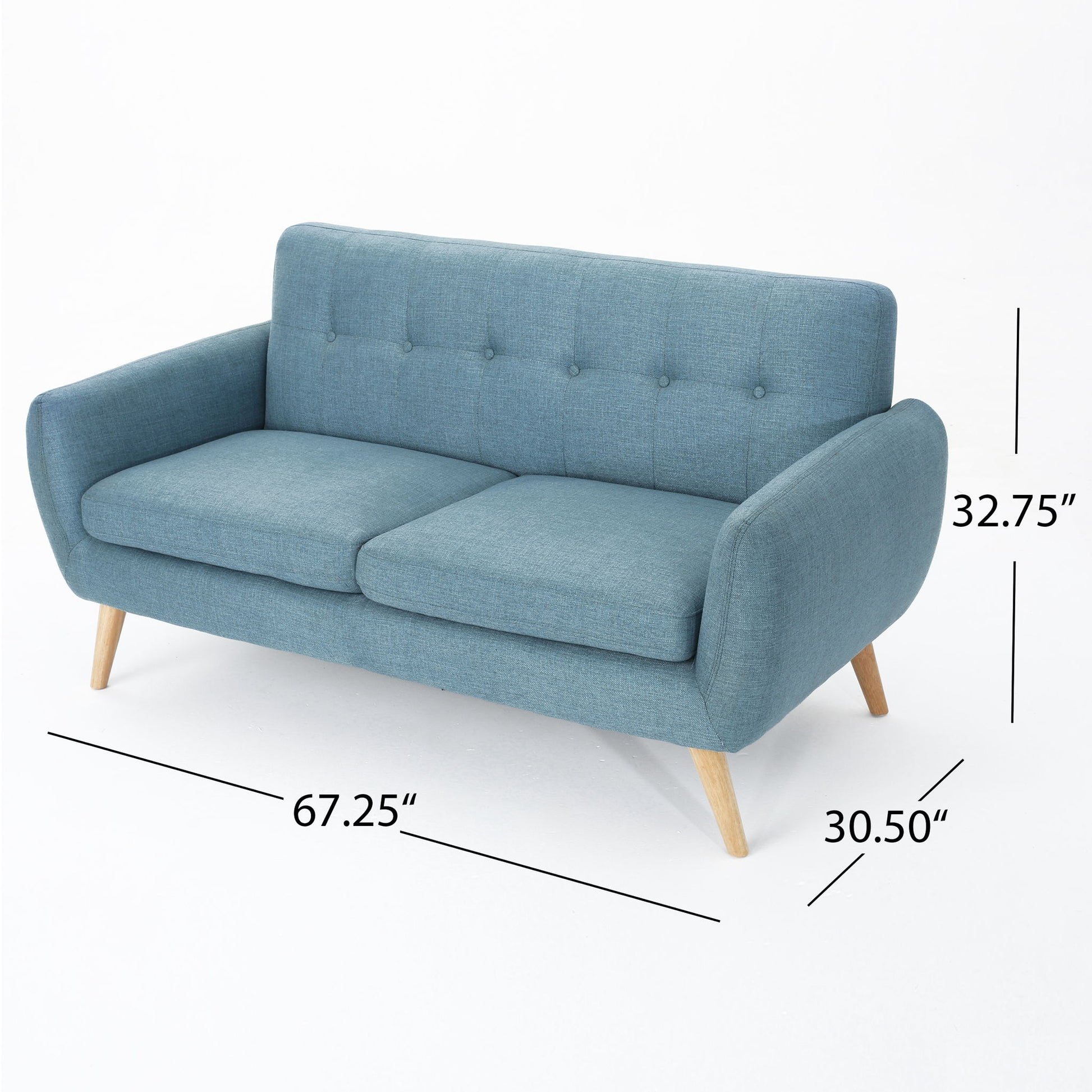The Modern Loveseat Sofa With Button Tufted Backrest is blue with wooden legs, a button-tufted backrest, two seat cushions, and measures 67.25"W x 32.75"H x 30.50"D, shown with black measurement lines.