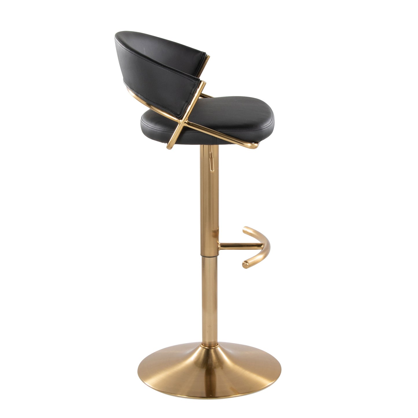 The Jie Contemporary Adjustable Barstool (Set of 2) features a black cushioned seat and backrest, gold metal frame and base, 360° swivel, and a rounded T footrest for modern style and comfort.