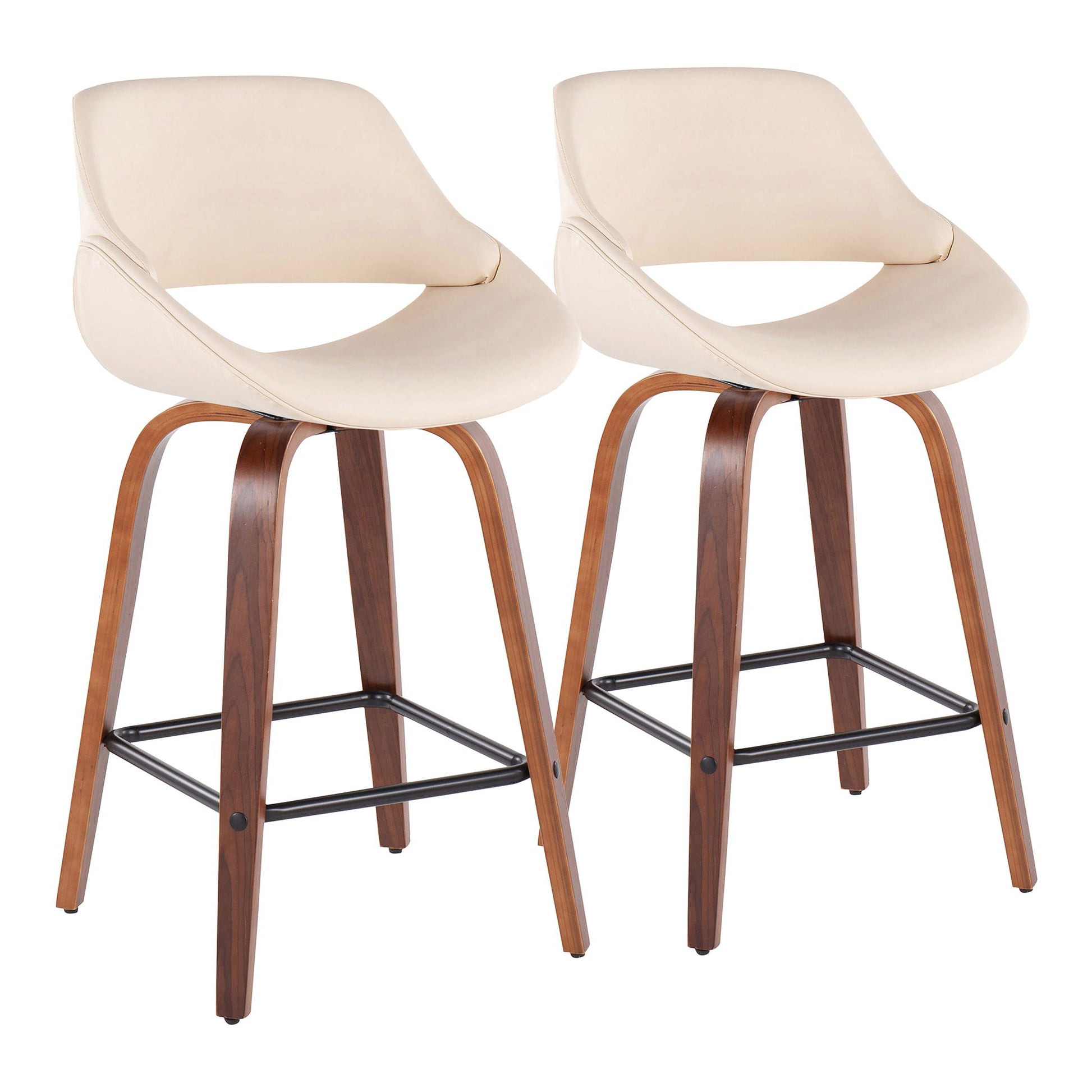 The Fabrico Mid-Century Modern Counter Stools (Set of 2) feature curved wooden legs, black metal footrests, and cream cushioned open-back seats.