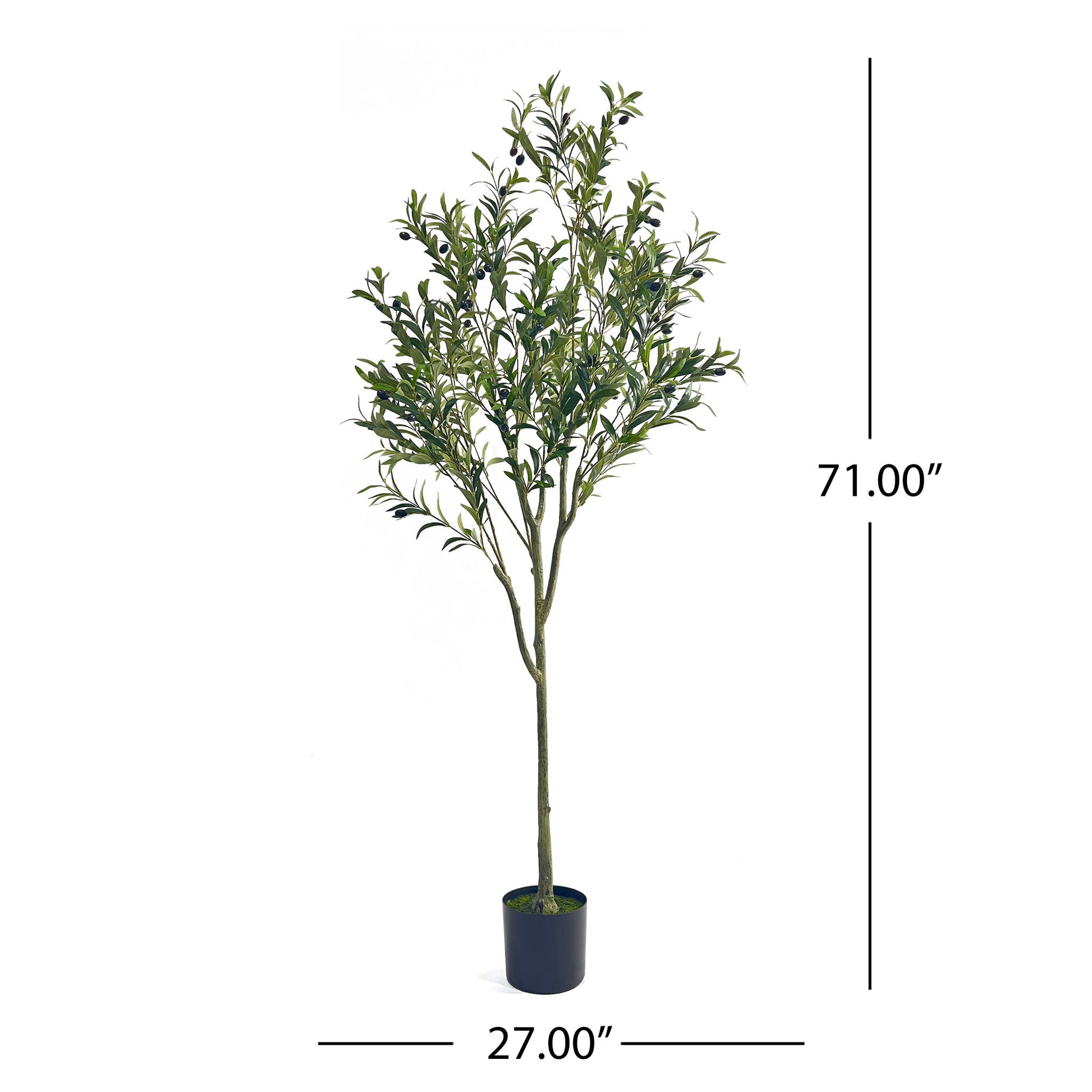 The Artificial Olive Tree stands 71" tall and 27" wide in a black pot. Shown on a white background with vertical and horizontal dimensions labeled.