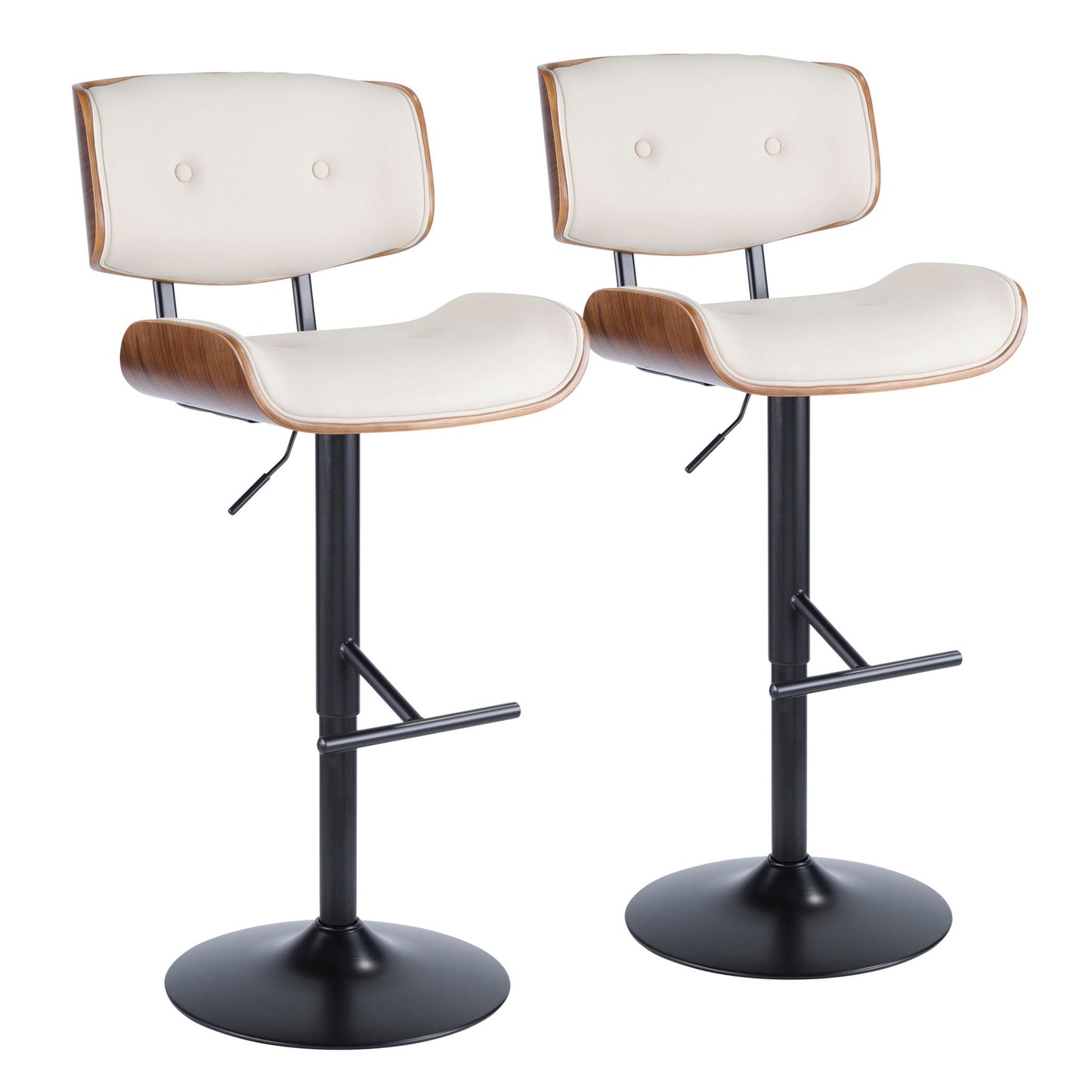 The Lombardi Mid Century Modern Adjustable Barstool features white cushioned seats and backs, wooden side accents, black metal bases, and footrests. Sold as a set of two.