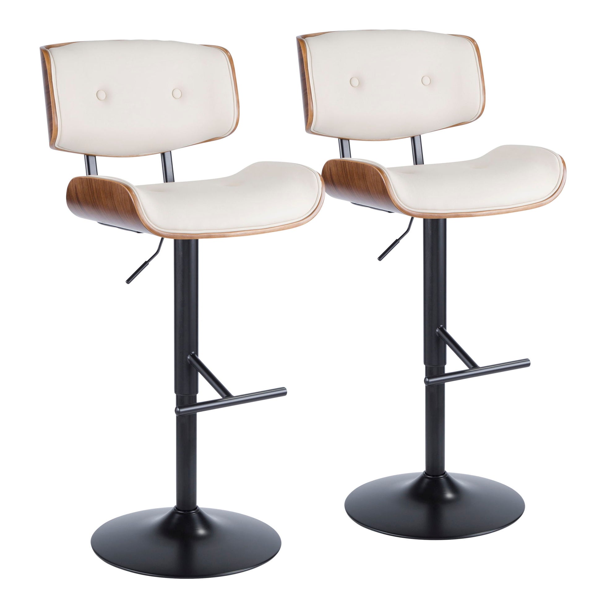 The Lombardi Mid Century Modern Adjustable Barstool features white cushioned seats and backs, wooden side accents, black metal bases, and footrests. Sold as a set of two.
