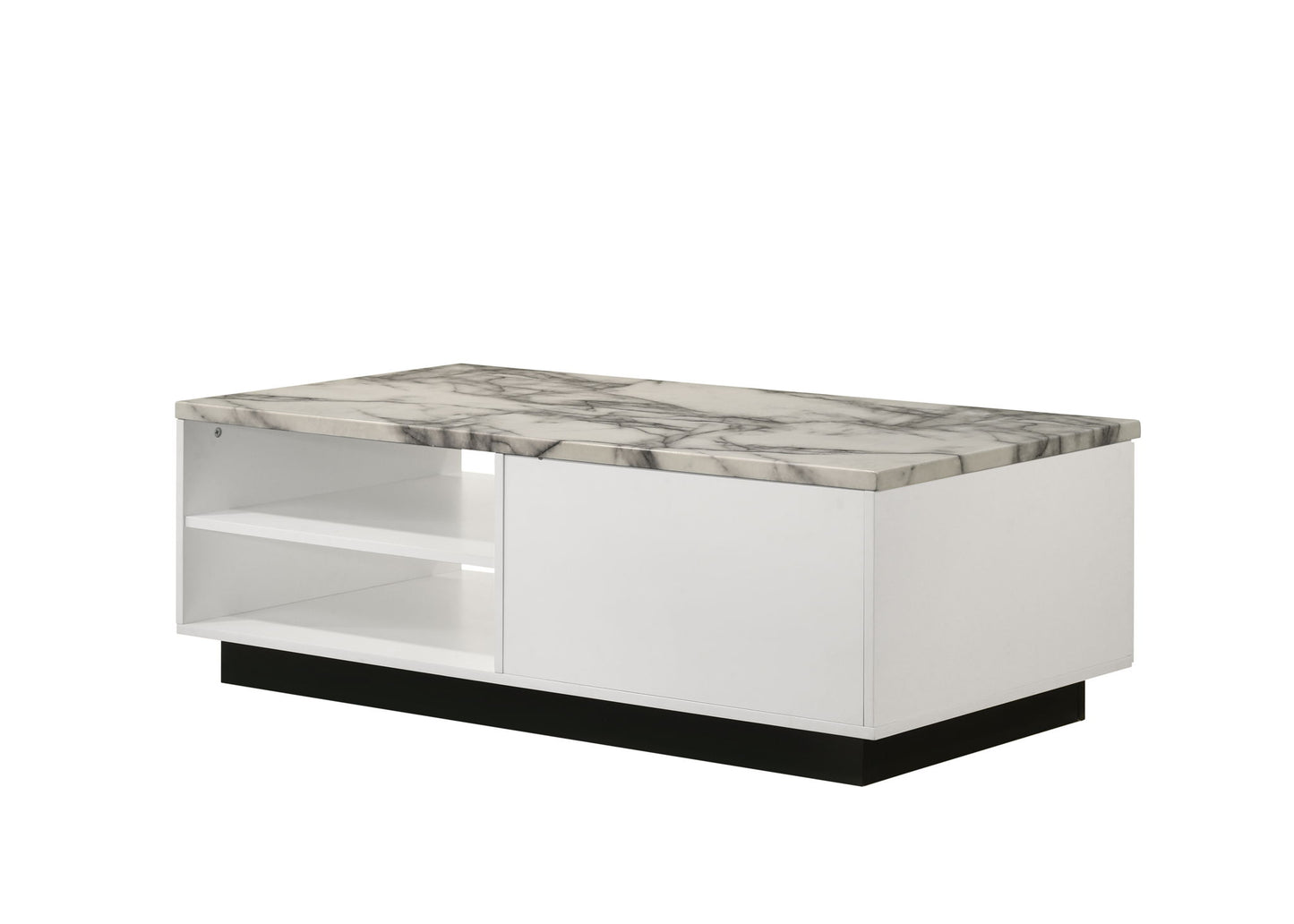 The Matilda Coffee Table features a white faux marble top, a white base with open shelving on one side, a cabinet door on the other, and sits on a short black platform base.