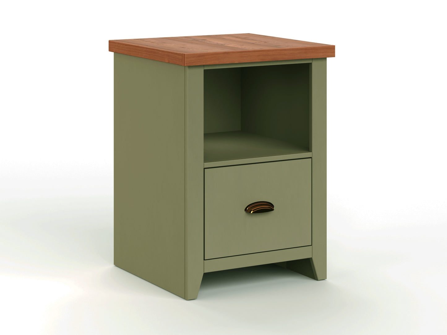 The Couch.com Vineyard Drawer File features wood construction with a sage green finish, a fruitwood top, an open shelf, and a single drawer with a brass handle, displayed against a white background.