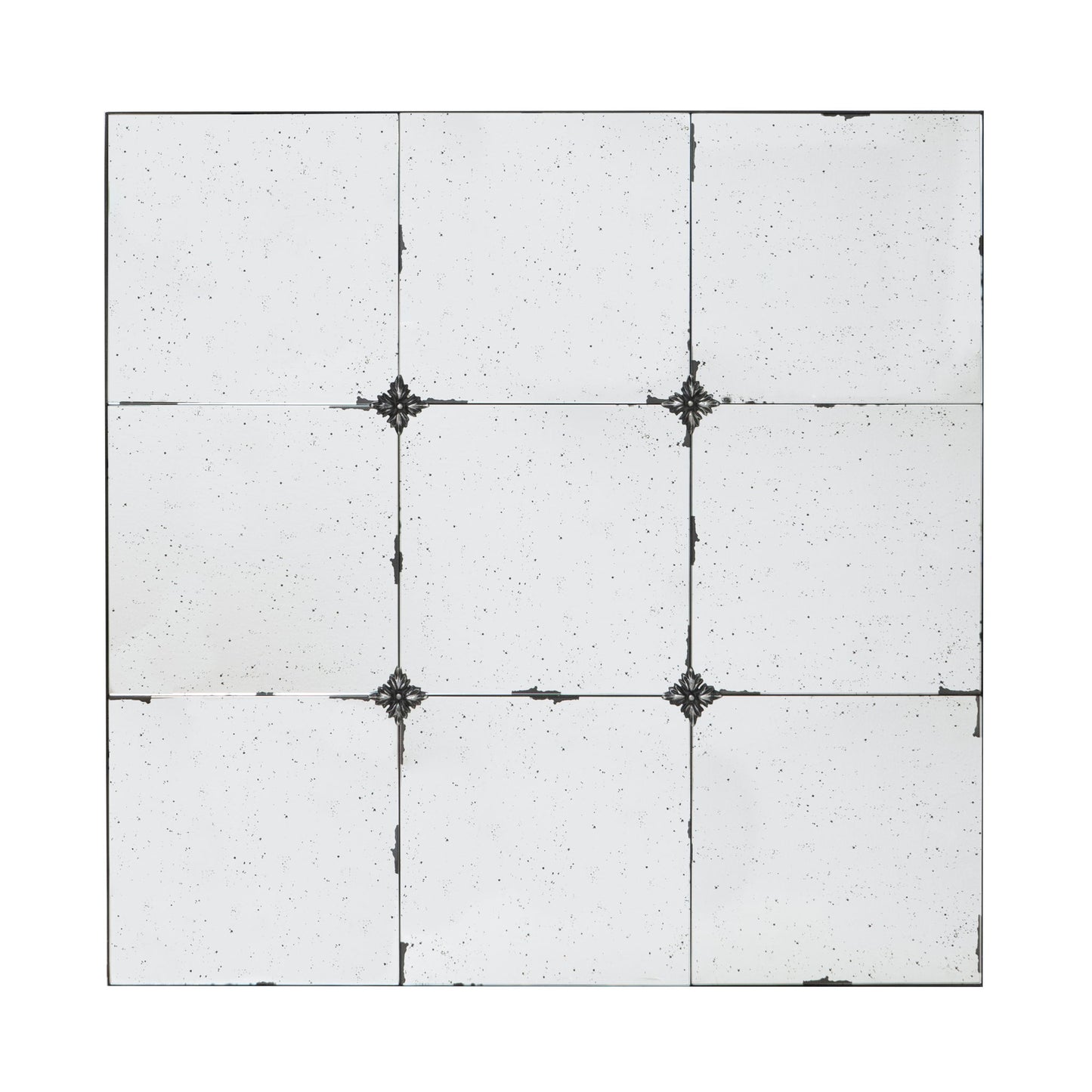 A grid of nine white square tiles with subtle speckles and ornate black metal accents connects to form the Traditional Decor Style Antique Glass Panel Mirror, perfect for bathroom, entryway, or leaning against a wall.