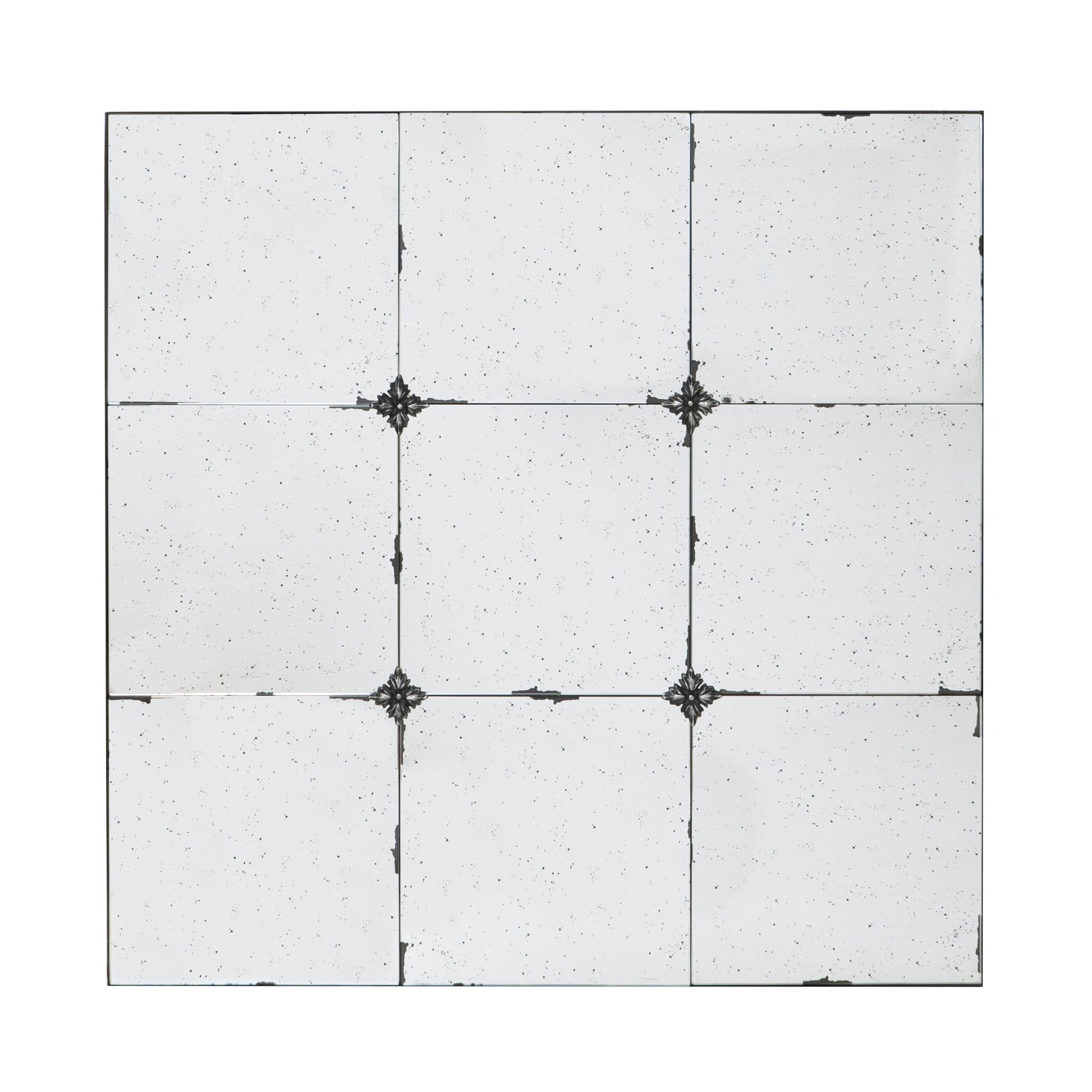 A grid of nine white square tiles with subtle speckles and ornate black metal accents connects to form the Traditional Decor Style Antique Glass Panel Mirror, perfect for bathroom, entryway, or leaning against a wall.
