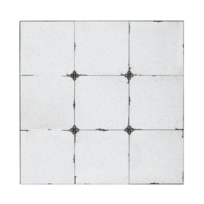 A grid of nine white square tiles with subtle speckles and ornate black metal accents connects to form the Traditional Decor Style Antique Glass Panel Mirror, perfect for bathroom, entryway, or leaning against a wall.