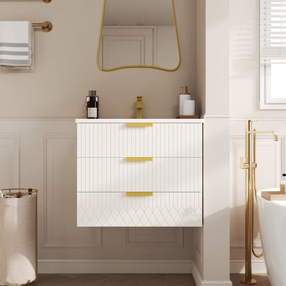 Wall Mounted Floating Cabinet With Double Drawer, Rectangular Sink