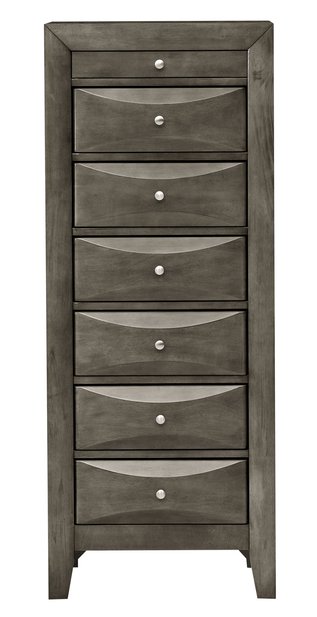 The Marilla 7 Drawer Lingerie Chest is a tall, gray wooden dresser with seven drawers, each adorned with a silver knob and curved fronts. It stands on short legs for added stability and style.