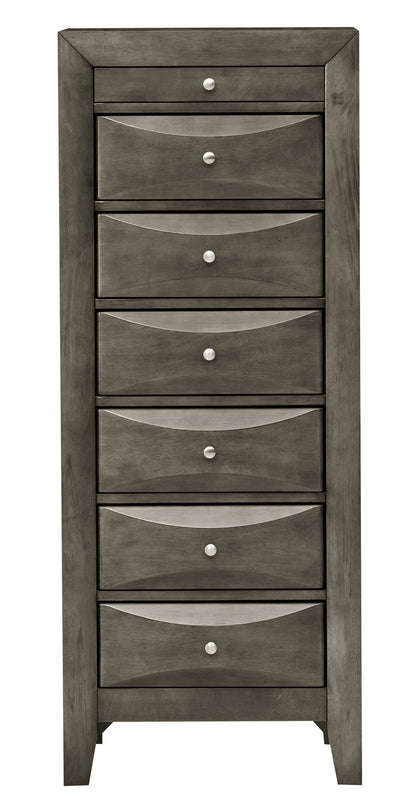 The Marilla 7 Drawer Lingerie Chest is a tall, gray wooden dresser with seven drawers, each adorned with a silver knob and curved fronts. It stands on short legs for added stability and style.