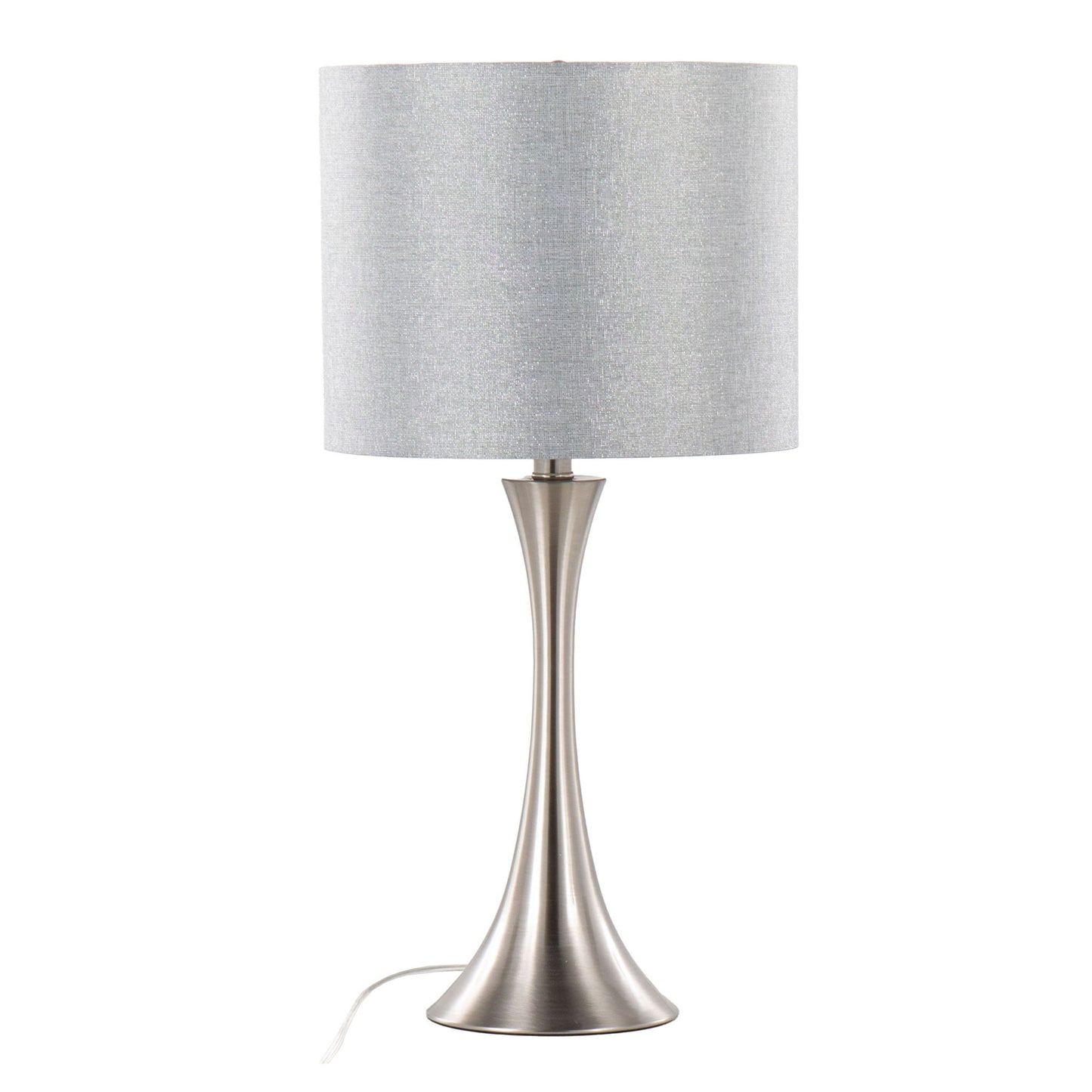 The Lenuxe Contemporary Semi Gloss Table Lamp (Set of 2) features a modern, flared brushed metal base and a cylindrical light gray fabric shade, complemented by a white power cord.