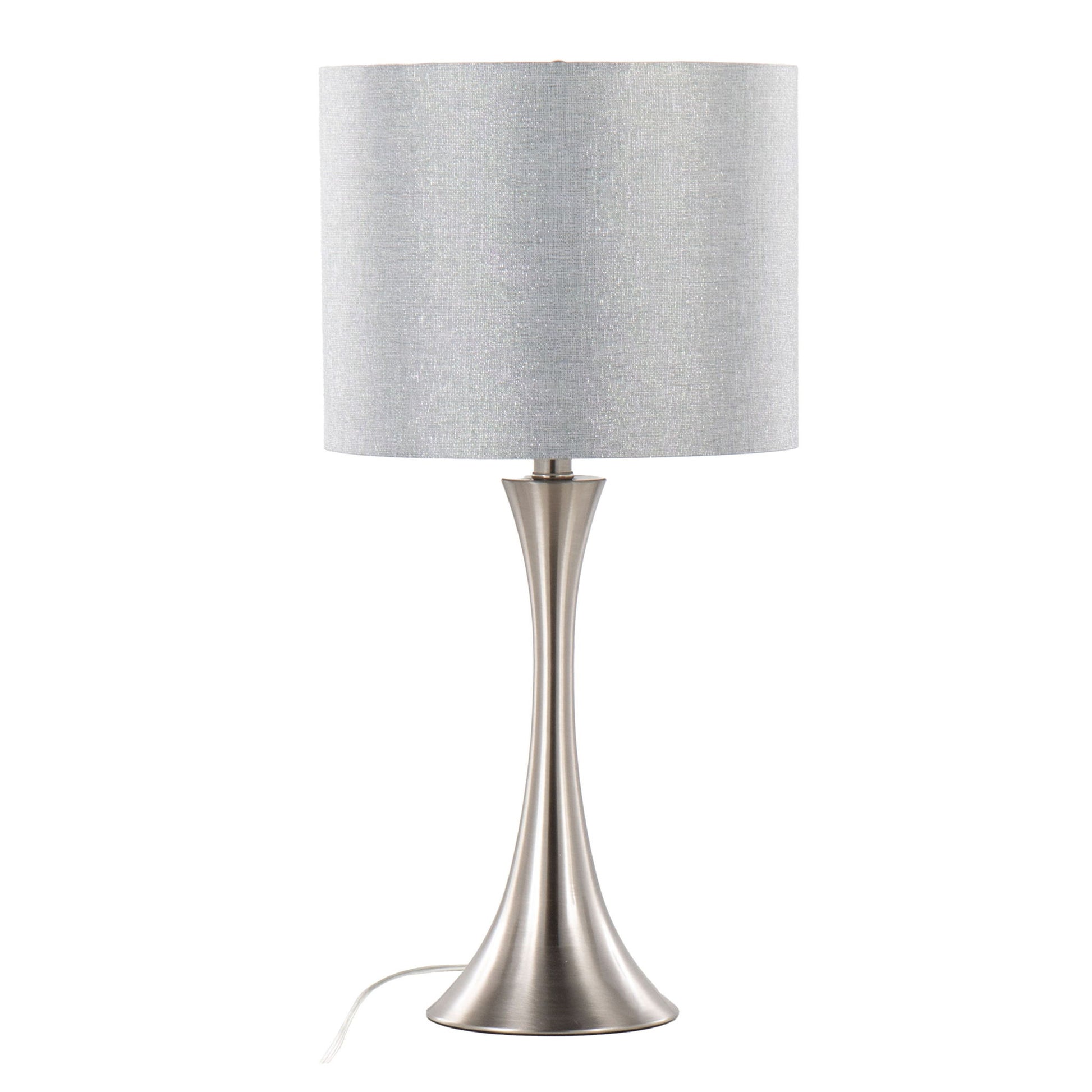 The Lenuxe Contemporary Semi Gloss Table Lamp (Set of 2) features a modern, flared brushed metal base and a cylindrical light gray fabric shade, complemented by a white power cord.