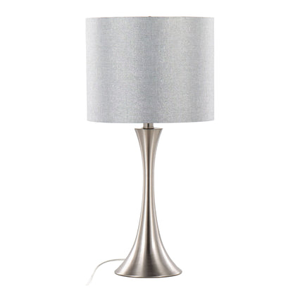 The Lenuxe Contemporary Semi Gloss Table Lamp (Set of 2) features a modern, flared brushed metal base and a cylindrical light gray fabric shade, complemented by a white power cord.