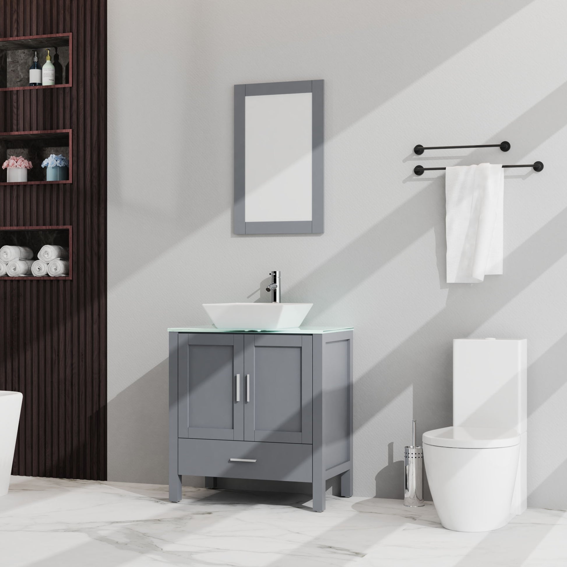 Modern bathroom with a Bathroom Vanity And Sink Combo Glass Top Cabinet With Mirror, white toilet, double black towel bars with towels, shelves holding rolled towels and decor on the left, marble flooring, and light gray walls.