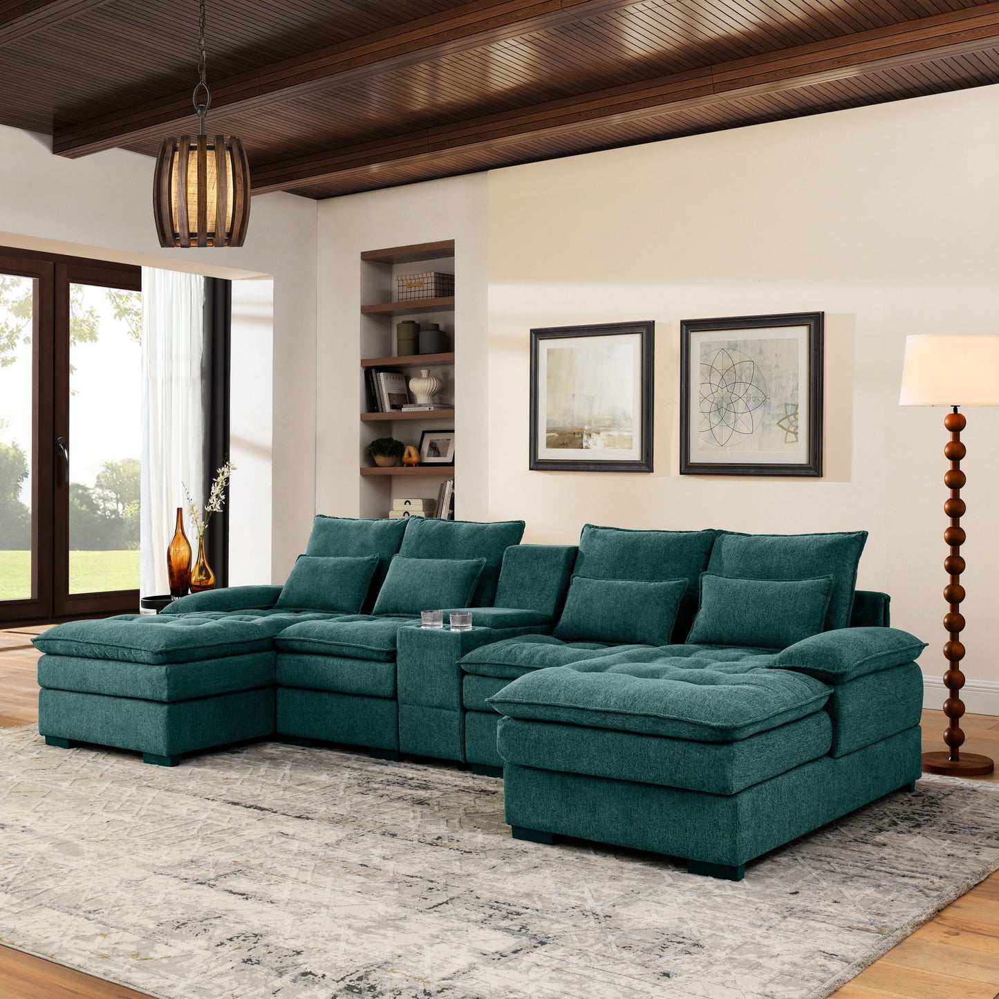 Contemporary U Shaped Sofa With Console And Cupholders