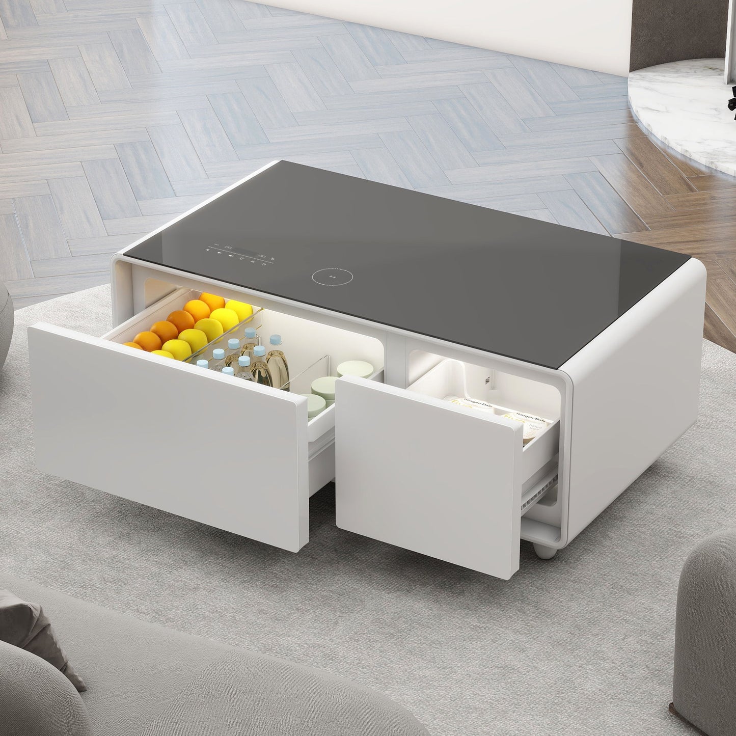 The Modern Smart Coffee Table With Built-In Fridge features a glossy black top, two refrigerated drawers for drinks and snacks, Bluetooth speakers, wireless charging, touch controls, USB ports, and ambient lighting—perfect for a stylish living room.