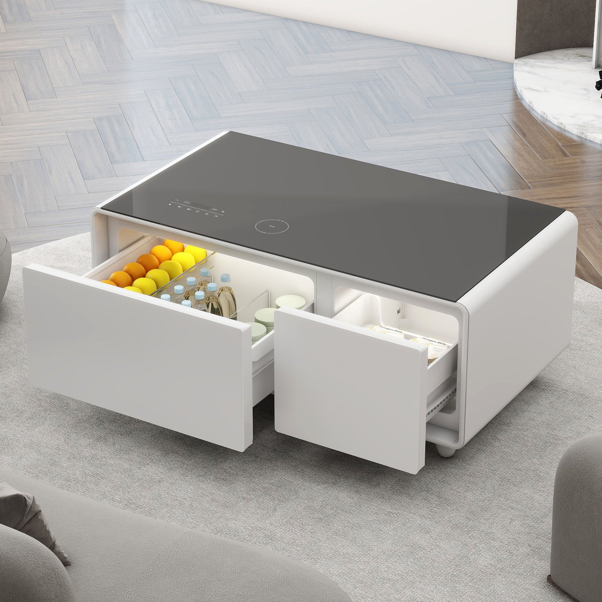 The Modern Smart Coffee Table With Built-In Fridge features a glossy black top, two refrigerated drawers for drinks and snacks, Bluetooth speakers, wireless charging, touch controls, USB ports, and ambient lighting—perfect for a stylish living room.