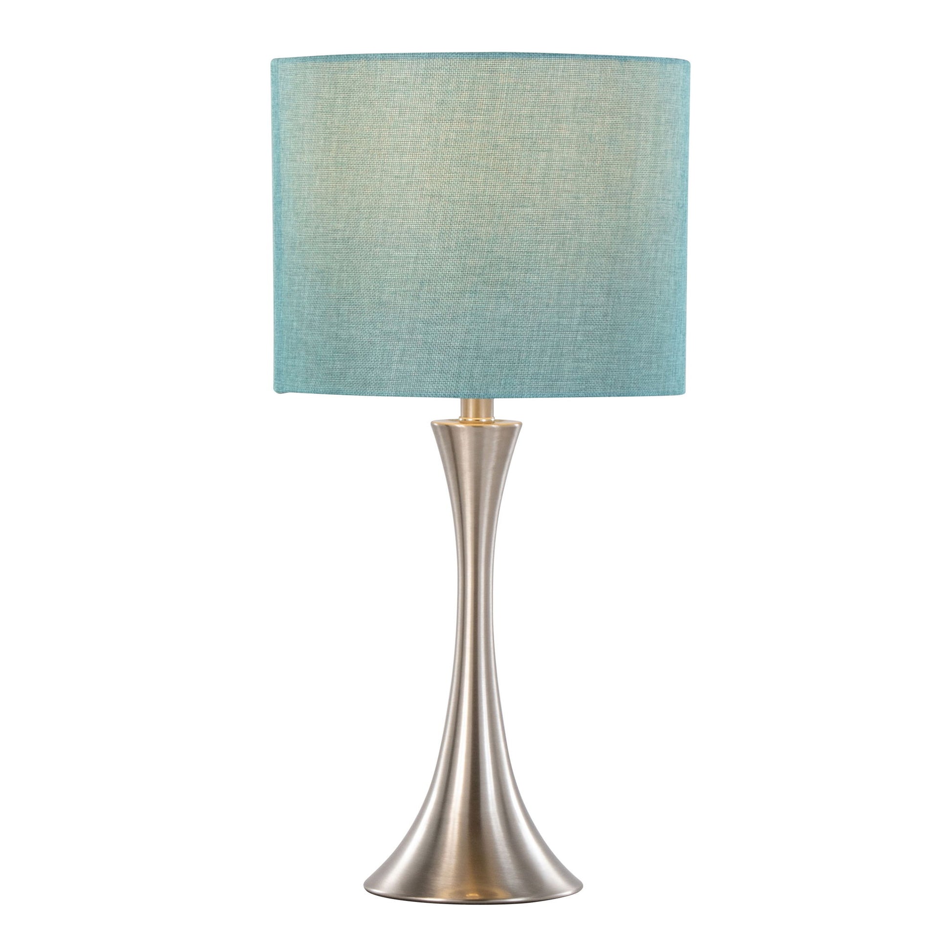 The Lenuxe - Contemporary Semi Gloss Table Lamp (Set of 2) features a curved brushed metal base and a cylindrical light blue fabric shade, displayed against a plain white background.