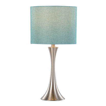 The Lenuxe - Contemporary Semi Gloss Table Lamp (Set of 2) features a curved brushed metal base and a cylindrical light blue fabric shade, displayed against a plain white background.