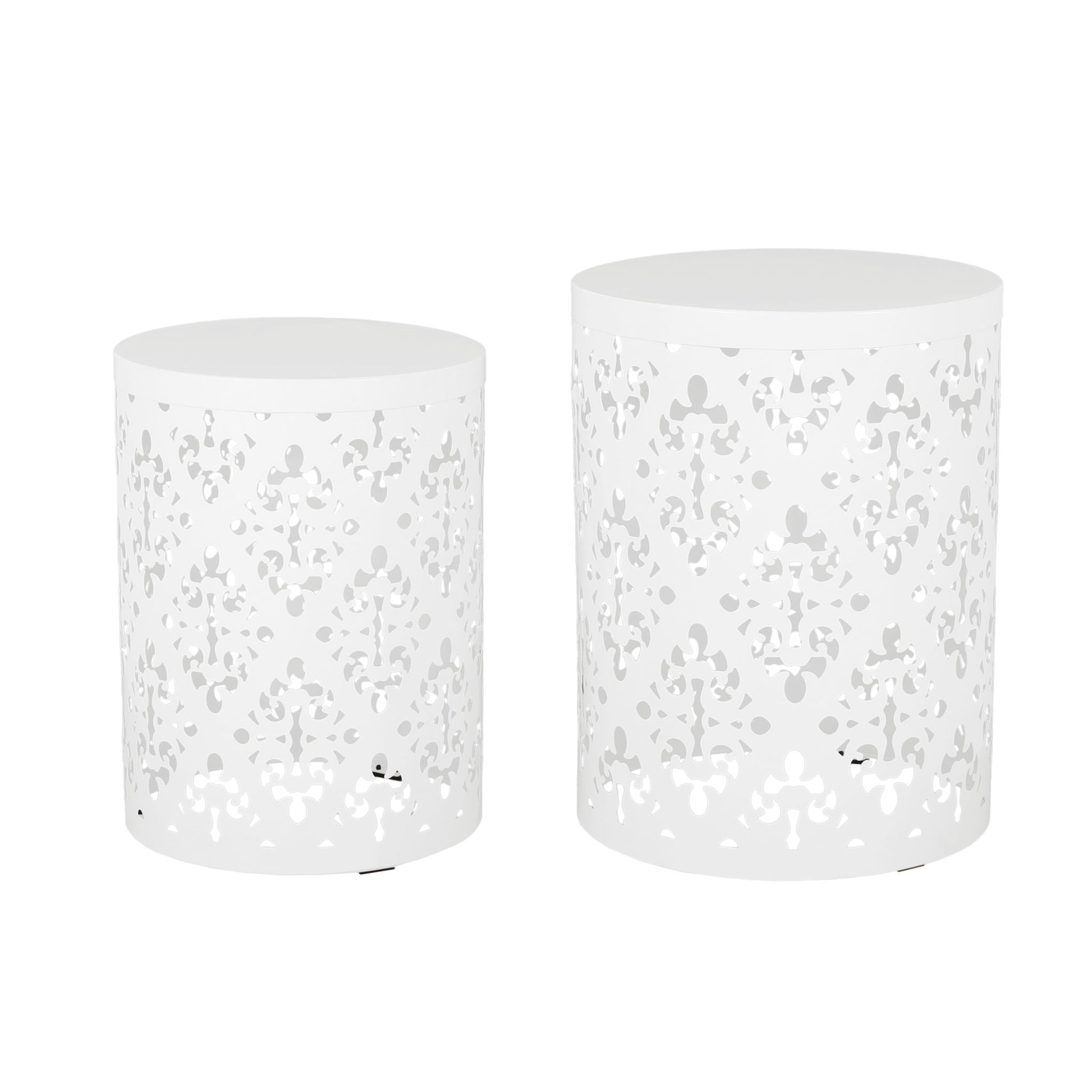 Set of two white Outdoor Metal Modern Design End Tables, each featuring intricate cut-out patterns. One table is taller and wider, the other shorter and narrower; both have solid tops and sturdy bases.