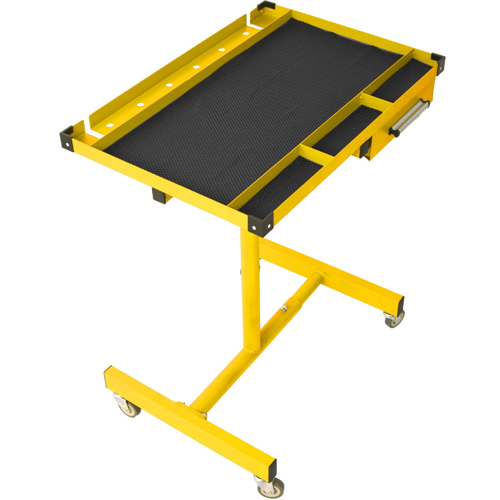 A portable yellow metal Adjustable Tear Down Work Table with drawer, black textured surface, rubber corners, handle, small side compartments, heavy-duty steel frame, rectangular shape & (4) 2.5" swivel casters; holds up to 220 lbs. For garages and DIY.