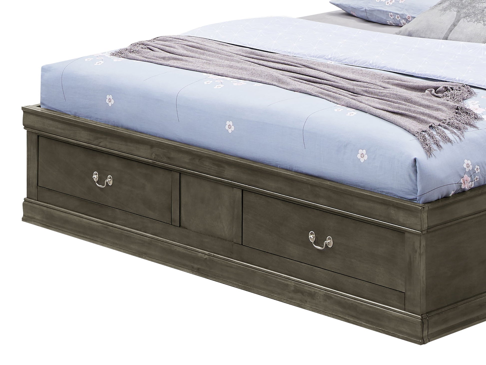 The Louis Phillipe - Bookcase Storage Bed is a dark wooden platform bed featuring two large storage drawers, displayed with a neatly made blue sheet, light purple blanket, and pillows.
