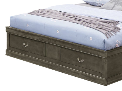 The Louis Phillipe - Bookcase Storage Bed is a dark wooden platform bed featuring two large storage drawers, displayed with a neatly made blue sheet, light purple blanket, and pillows.