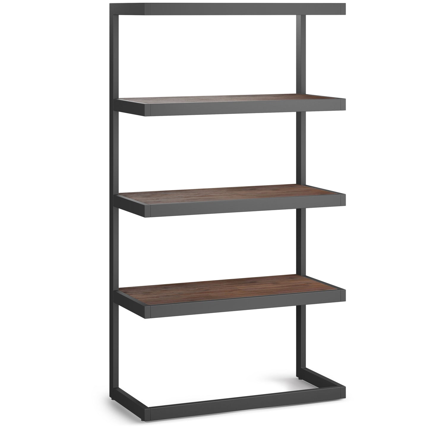 The Erina - Handcrafted Bookcase is a four-tier open shelf with a black metal frame and wooden shelves, shown standing upright against a white background.