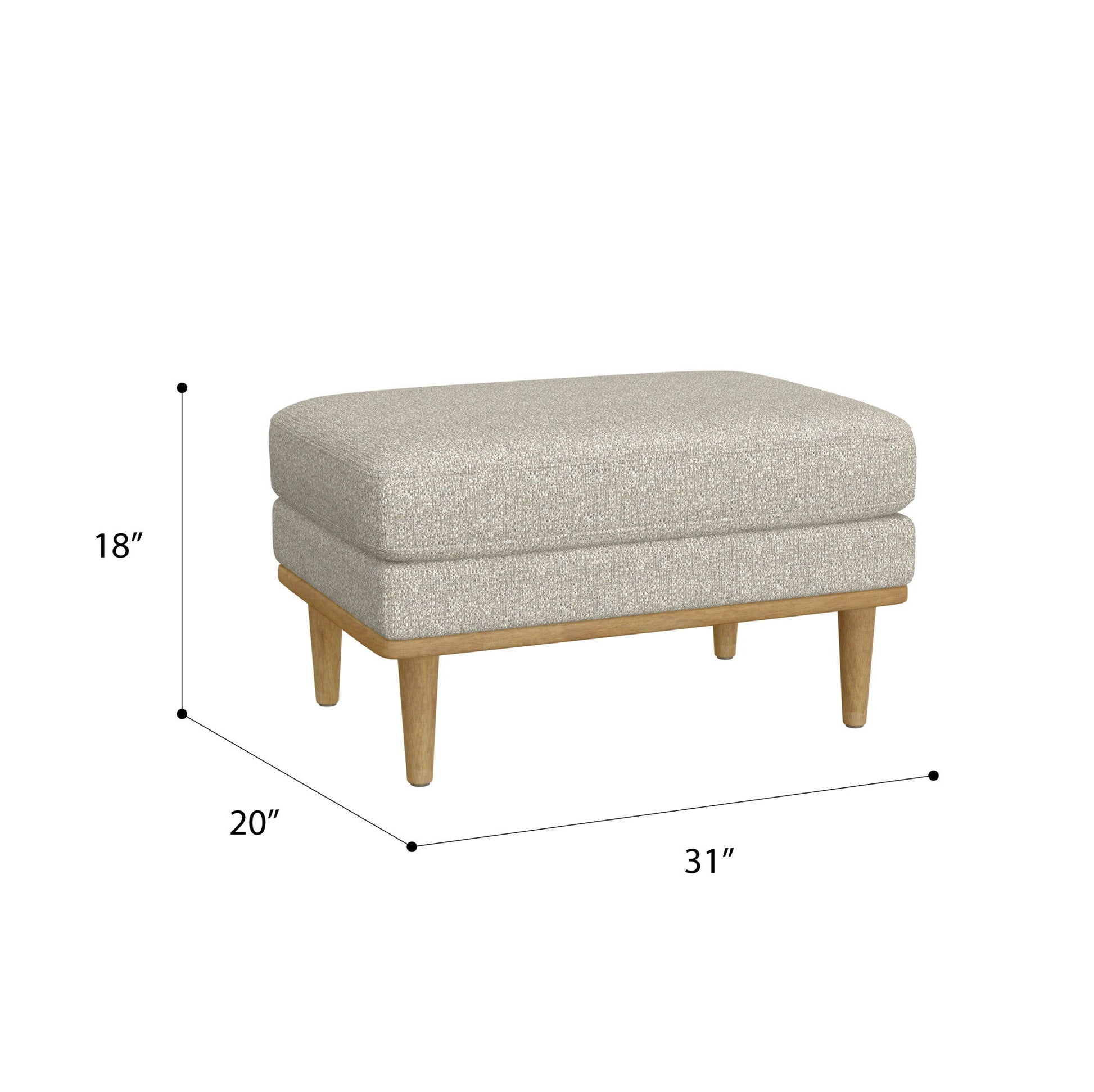 The Revel Chair Ottoman in tan features a rectangular upholstered design, wooden legs, and measures 18" high, 20" deep, and 31" wide.