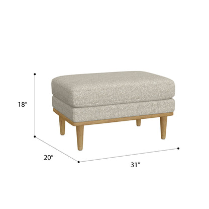The Revel Chair Ottoman in tan features a rectangular upholstered design, wooden legs, and measures 18" high, 20" deep, and 31" wide.