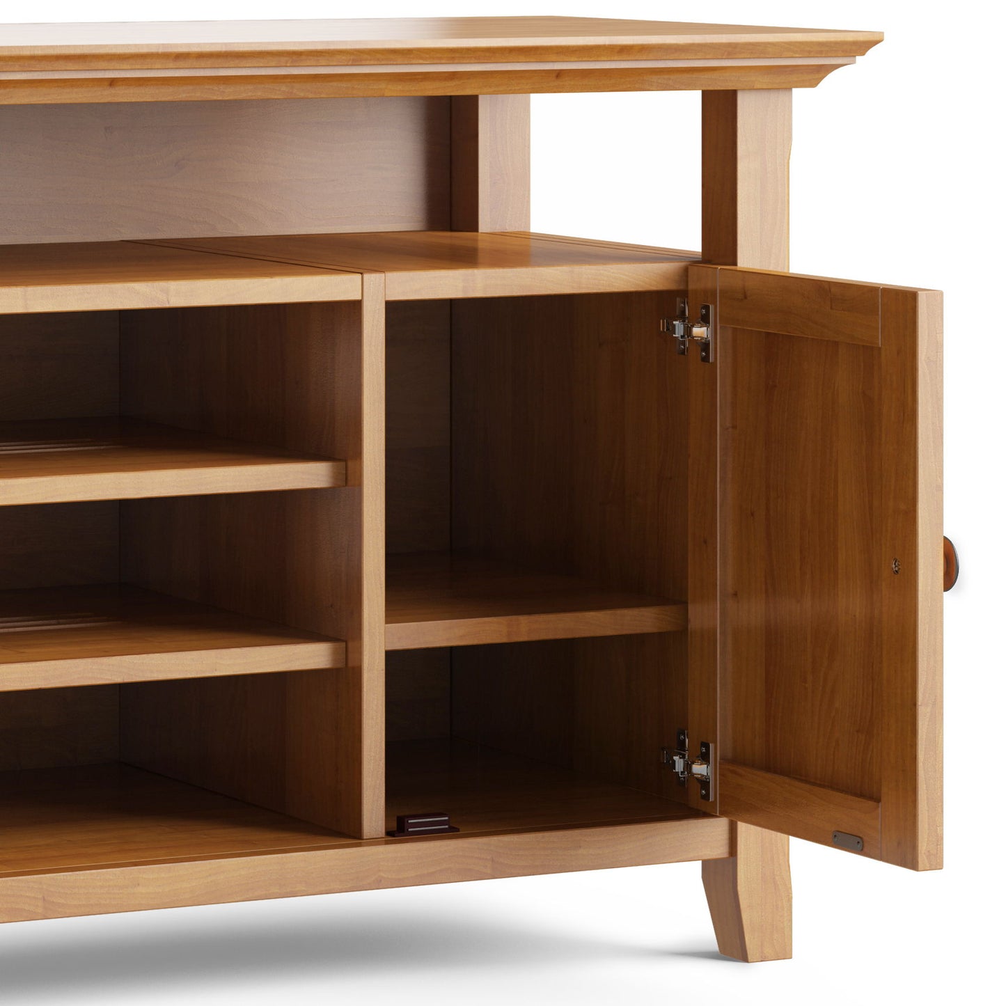 The Amherst - TV Media Stand, Handcrafted, features a natural wood finish, four shelves, an open right door revealing empty storage space inside, and stands on simple, sturdy legs.