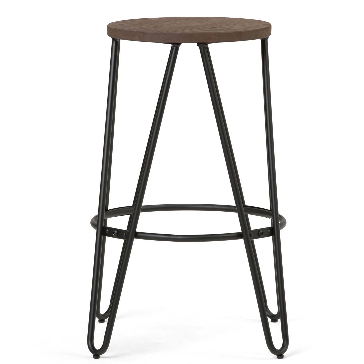 The Simeon Multifunctional Metal Stool features a tall design with a round wooden seat, black metal hairpin legs, and a circular footrest connecting the legs near the base.