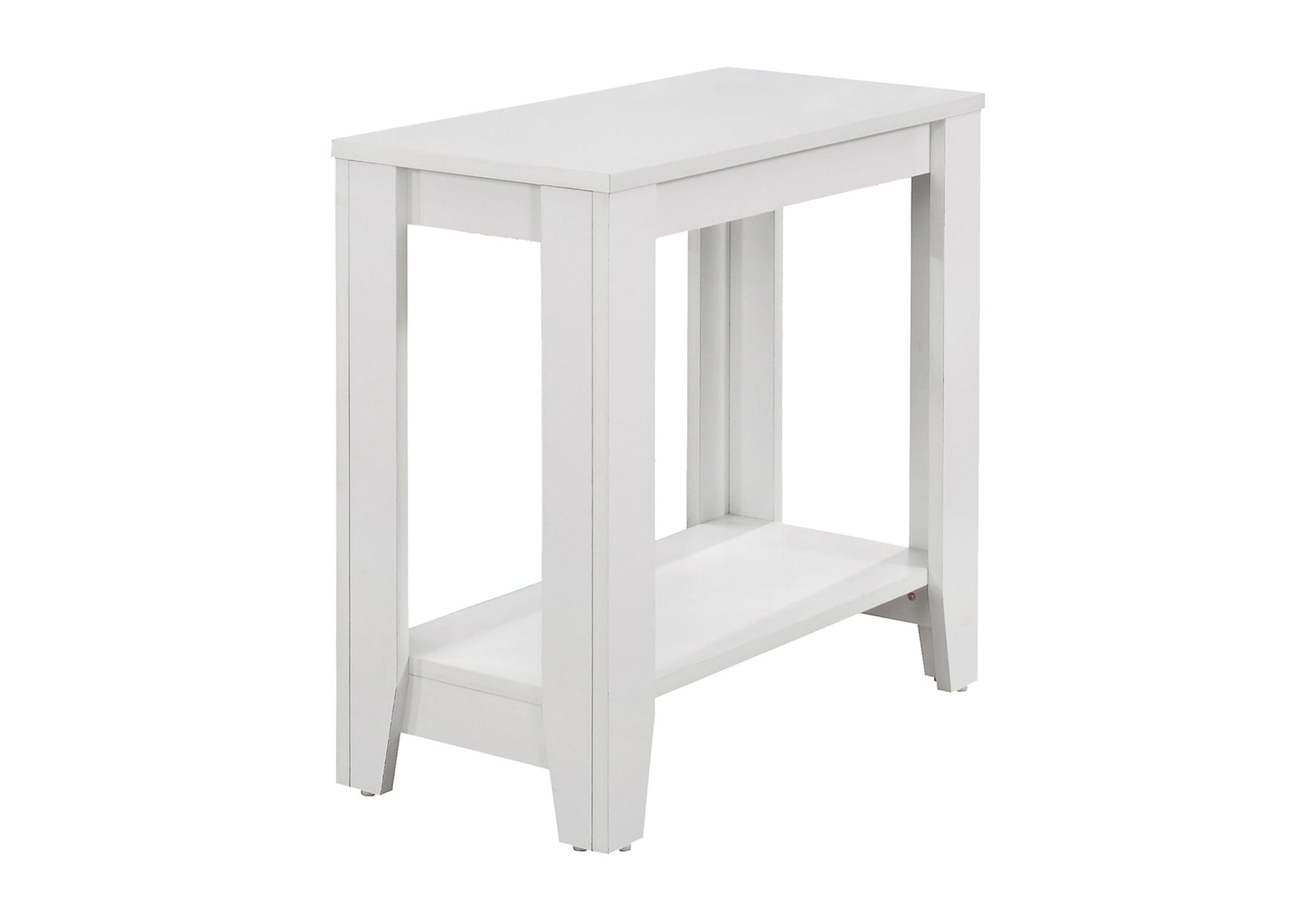 The Accent Table, Side Transitional features an elegant design with a white rectangular top, four legs, and a lower shelf for storage or display—perfect for modern decor.