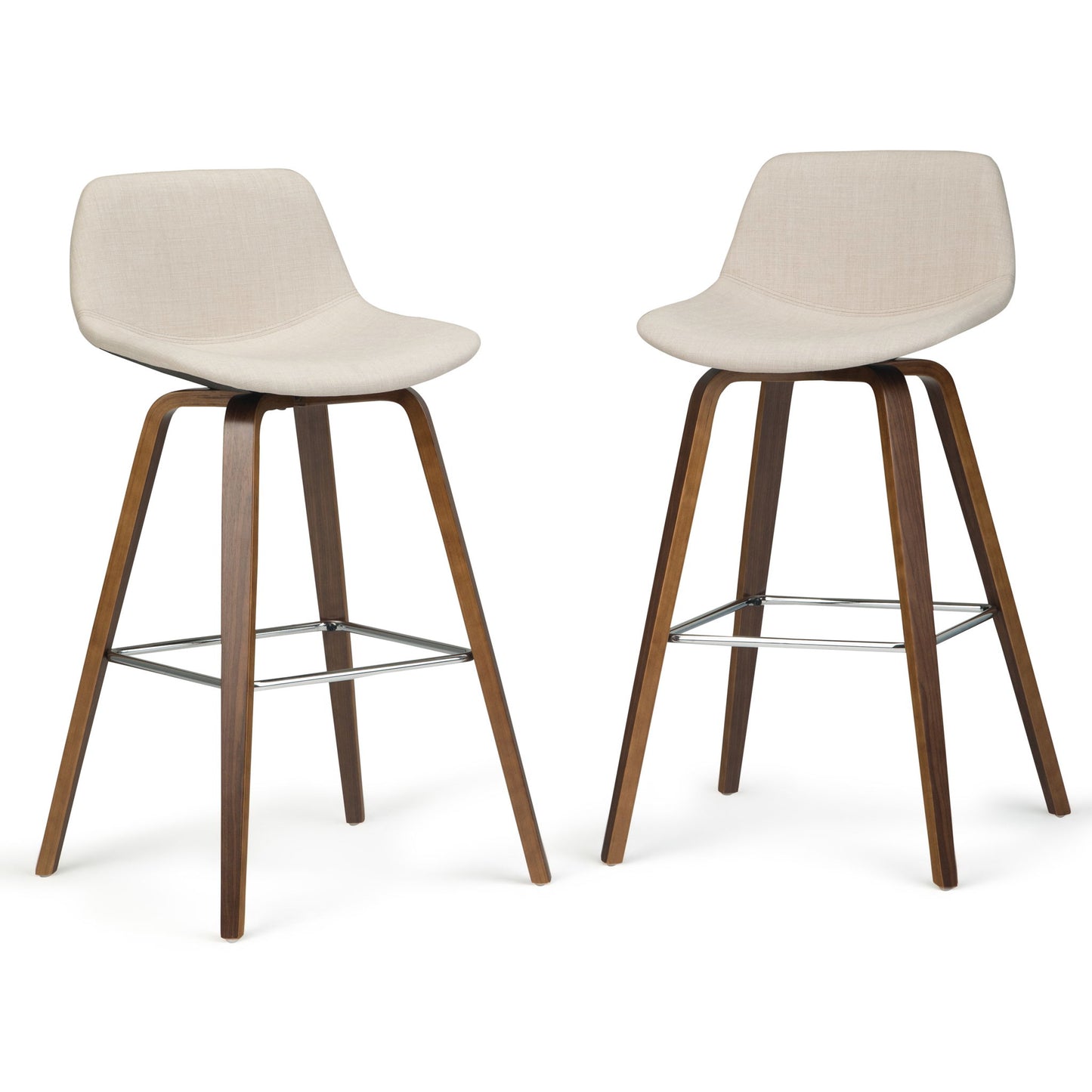 The Randolph Bentwood Counter/Bar Height Stool (Set of 2) features modern design with light beige upholstered seats, curved backs, brown-finished wooden legs, and metal footrests for added support.