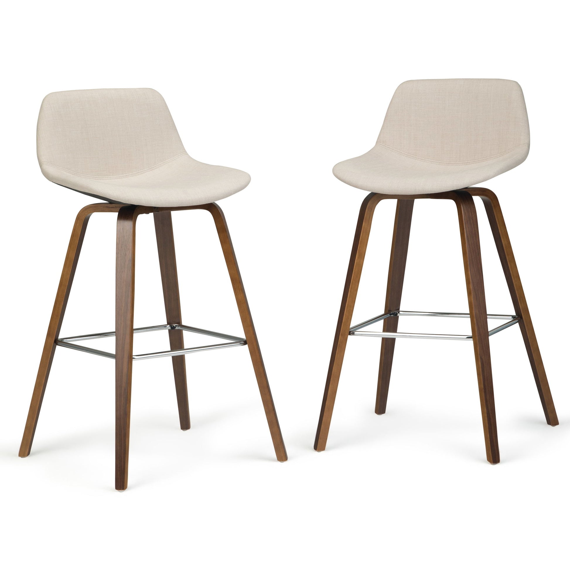 The Randolph Bentwood Counter/Bar Height Stool (Set of 2) features modern design with light beige upholstered seats, curved backs, brown-finished wooden legs, and metal footrests for added support.