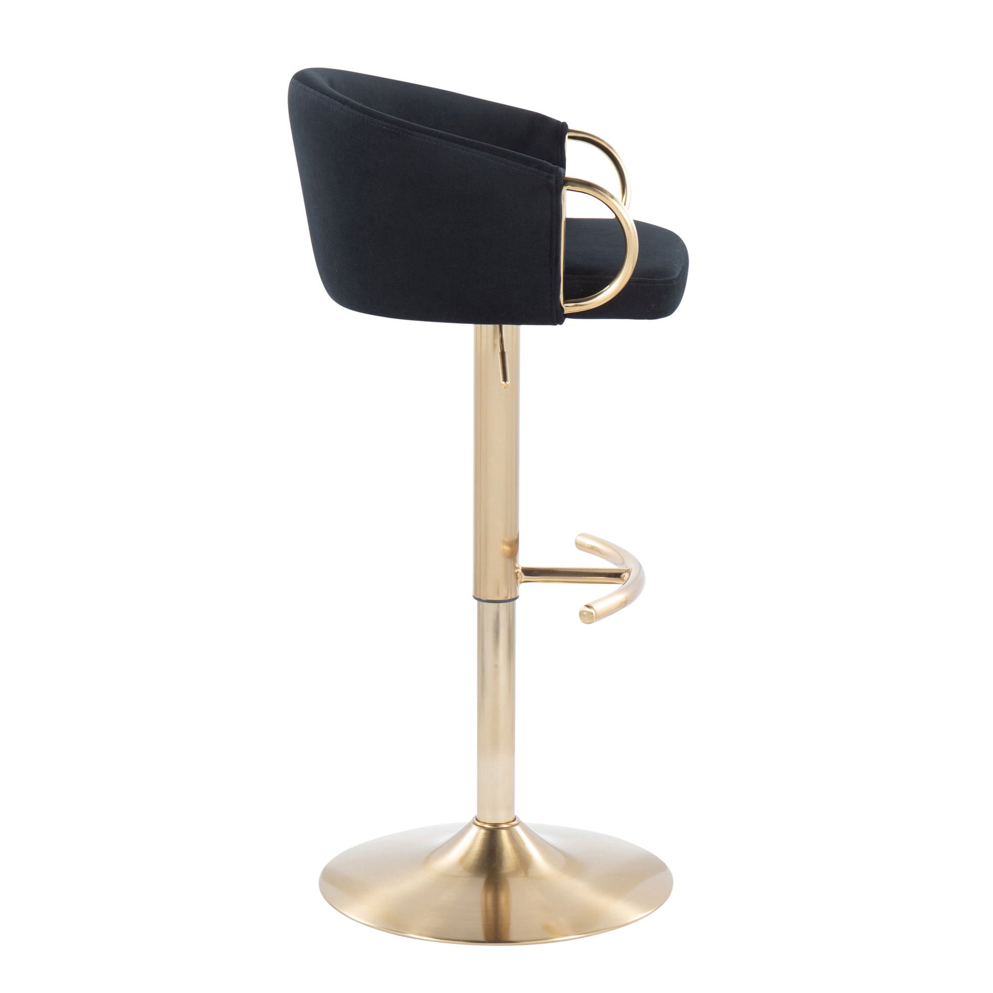 Side view of the Claire - Contemporary / Glam Adjustable Bar Stool (Set of 2), featuring a black upholstered seat, curved backrest, gold metal armrests, and a coordinating gold pedestal base with footrest.