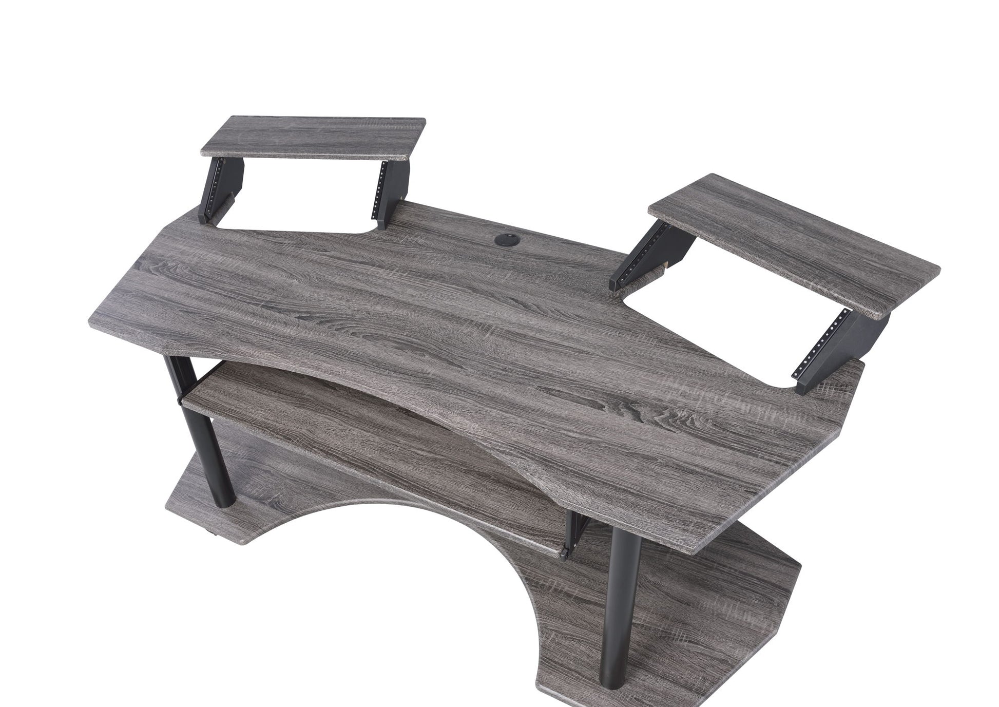 The Eleazar Music Recording Studio Desk features a modern gray wood design, two elevated monitor stands, curved front edge, metal supports, and a lower storage shelf—shown from above on a white background.